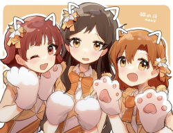 3girls animal_hands blush border bow bowtie brown_eyes brown_hair cat_paw cat_paws drawn_ears gloves hair_ornament hands_up highres idolmaster idolmaster_million_live! kitazawa_shiho long_hair looking_at_viewer multiple_girls nnnn nonohara_akane one_eye_closed open_mouth orange_bow orange_bowtie orange_hair outside_border paw_gloves red_eyes red_hair short_hair smile white_border yabuki_kana