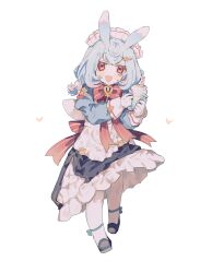1girl :d animal_ears apron back_bow black_shoes black_skirt blue_hair blue_shirt bow cup drink drinking_straw frills full_body genshin_impact hair_between_eyes hair_ornament hairclip highres holding holding_cup inagoinaire leggings long_sleeves looking_at_viewer maid_headdress mary_janes medium_hair milkshake open_mouth petticoat pink_bow pom_pom_(clothes) pom_pom_hair_ornament red_eyes shirt shoes sigewinne_(genshin_impact) simple_background skirt smile solo striped_bow white_apron white_background white_leggings