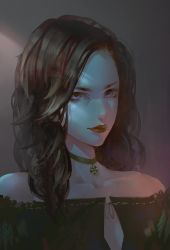 1girl black_hair choker jewelry looking_at_viewer makeup mole pale_skin pentagram pentagram_pendant portrait purple_eyes red_lips solo_focus the_witcher_(series) the_witcher_3 wavy_hair yennefer zudarts_lee