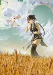 1girl :&lt; abby_(wuthering_waves) absurdres bandaged_hand bandages bare_arms bare_shoulders black_bow black_dress black_footwear black_gloves black_hair black_thighhighs boots bow breasts chigusa7h closed_eyes commentary_request cross-laced_clothes cross-laced_dress dress earrings eyeliner female_rover_(wuthering_waves) fingerless_gloves gloves hair_bow hair_ornament hair_ribbon hairclip hand_up highres jewelry large_breasts laughing makeup open_mouth outdoors pangu_terminal_(wuthering_waves) red_eyeliner ribbon rover_(wuthering_waves) single_fingerless_glove sleeveless sleeveless_dress smile tacet_mark_(wuthering_waves) thigh_boots thighhighs thighhighs_under_boots thighs triangle_earrings unamused wuthering_waves yellow_ribbon