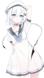 1girl arm_behind_back arm_behind_head black_choker black_sailor_collar blue_eyes choker commentary_request dress hair_ornament hairclip hat highres looking_at_viewer medium_hair open_mouth original otokuyou paid_reward_available parallel_hairclips puffy_short_sleeves puffy_sleeves ringo-chan_(otokuyou) sailor_collar sailor_dress short_dress short_sleeves simple_background solo white_background white_dress white_hair white_hat