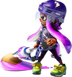 1girl 3d blue_shirt brown_eyes eye_mask full_body gradient_hair green_shoes helmet hockey_helmet holding holding_weapon ink_tank_(splatoon) inkbrush_(splatoon) inkling inkling_girl inkling_player_character kelpshot_(splatoon) long_hair long_sleeves looking_ahead multicolored_hair nintendo official_art pants pink_hair purple_helmet purple_pants shirt shoes short_eyebrows short_hair_with_long_locks sidelocks smile sneakers solo splatoon_(series) splatoon_2 spotted_hair standing suction_cups tan tentacle_hair thick_eyebrows transparent_background two-tone_hair v-shaped_eyebrows weapon