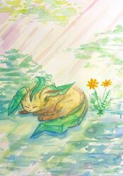 Rule 34 | ^ ^, animal focus, artist name, bush, closed eyes, day, flower, full body, gen 4 pokemon, highres, keishi (pixiv 1245064), leafeon, light rays, lying, nintendo, no humans, notched ear, on ground, orange flower, outdoors, painting (medium), pawpads, pokemon, pokemon (creature), signature, sleeping, solo, sunlight, traditional media, watercolor (medium)