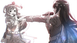 2girls aijou_karen back_bow belt belt_buckle bow buckle buttons covered_eyes crown double-breasted fingernails floating_hair fur-trimmed_jacket fur_trim greyscale hair_between_eyes hair_ornament hands_up holding holding_microphone ito_fumi jacket jacket_on_shoulders kagura_hikari lens_flare light_particles long_hair long_sleeves looking_at_another microphone mini_crown monochrome multiple_girls music open_mouth outstretched_arm profile short_hair shoujo_kageki_revue_starlight simple_background singing single_stripe skirt smile sparkle_hair_ornament spot_color standing striped_clothes striped_skirt teeth tilted_headwear two_side_up upper_teeth_only very_long_hair waist_cape white_background