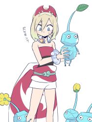 1girl bare_shoulders blue_eyes blush crossover highres ice_pikmin irida_(pokemon) kurachi_mizuki light_brown_hair nintendo pikmin_(series) pikmin_4 pokemon pokemon_legends:_arceus short_hair shorts sleeveless