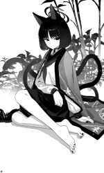 1girl absurdres animal_ears barefoot blue_archive bob_cut cat_ears cat_girl choppy_bangs extra_tails feet greyscale halo highres kikyou_(blue_archive) medium_hair monochrome nail_polish neckerchief plant pleated_skirt school_uniform seiza sitting skirt songchuan_li toes