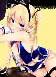 1girl animal_ears ask02 bare_shoulders black_panties blonde_hair blue_eyes blush breasts dead_or_alive dead_or_alive_5 fake_animal_ears female_focus finger_in_own_mouth fishnet_thighhighs fishnets gloves hair_ribbon hairband highres long_hair looking_at_viewer marie_rose naughty_face nipples open_clothes open_shirt panties pussy_juice rabbit_ears rabbit_tail ribbon shirt skirt small_breasts solo sweat tail thighhighs twintails underwear white_gloves yellow_background