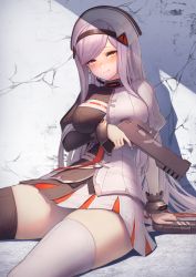 1girl black_lilith black_lilith_(last_origin) black_thighhighs blush breasts female_focus gun hairband handgun hat highres itaco large_breasts last_origin long_hair looking_at_viewer pistol pleated_skirt silver_hair skirt smile solo swept_bangs thighhighs thighs very_long_hair weapon white_thighhighs yellow_eyes
