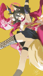 1girl absurdres animal_ear_fluff animal_ears armpits black_skirt blue_archive brown_hair fang fishnet_thighhighs fishnets floral_print floral_print_kimono fox_ears fox_girl fox_shadow_puppet fox_tail from_below gloves grey_socks hair_between_eyes hair_ornament highres izuna_(blue_archive) japanese_clothes kimono long_hair looking_at_viewer open_mouth partially_fingerless_gloves pink_kimono pom_pom_(clothes) pom_pom_hair_ornament print_kimono qtian sash shirt sidelocks single_thighhigh skin_fang skirt socks solo tail thigh_strap thighhighs white_shirt yellow_eyes yellow_sash