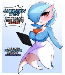 Rule 34 | 1girl, alternate color, artist name, blue background, blue hair, blue skin, blue theme, blush, bob cut, border, breasts, chibi, cleavage, closed mouth, colored skin, discord username, drawing tablet, ear blush, english text, female focus, floating, floating object, full body, gardevoir, gen 3 pokemon, gradient background, hair over one eye, hand up, happy, knees together feet apart, large breasts, looking at viewer, multicolored skin, nintendo, one eye covered, orange eyes, pokemon, pokemon (creature), ringed eyes, saltyxodium, shiny pokemon, short hair, simple background, smile, solo, stylus, twitter username, two-tone skin, white border, white skin, wide hips