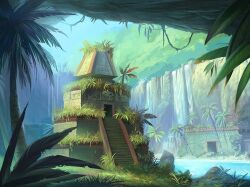 ancient_mayan highres jungle mayan nature pyramid_(structure) river ruins temple water waterfall