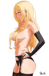 1girl absurdres artist_name black_garter_belt black_panties black_thighhighs blonde_hair blush braid braided_bangs breasts bridal_gauntlets closed_mouth commentary_request cowboy_shot earrings from_side garter_belt hair_over_breasts hand_on_own_hip highres jewelry large_breasts long_hair looking_ahead mino_(miiiinon611) navel panties priscilla_barielle profile re:zero_kara_hajimeru_isekai_seikatsu red_eyes simple_background single_braid smile solo standing thighhighs topless_female underwear very_long_hair white_background