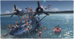 6+girls absurdres aircraft airplane alphonse_(white_datura) blonde_hair blue_one-piece_swimsuit braid broom brown_hair glasses hat highres holding holding_broom innertube long_hair multiple_girls ocean one-piece_swimsuit open_mouth original pby_catalina ponytail school_swimsuit seaplane short_hair smile swim_ring swimsuit twin_braids witch_hat