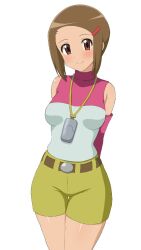 Rule 34 | 1girl, belt, breasts, brown eyes, brown hair, closed mouth, digimon, digimon adventure 02, elbow gloves, gloves, hair ornament, hairclip, jewelry, looking at viewer, necklace, short hair, shorts, simple background, smile, solo, white background, yagami hikari, yellow shorts, yugo-eti