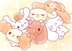 ^_^ absurdres animal_focus baby_animal brothers brown_dog cappuccino_(cinnamoroll) chiffon_(cinnamoroll) cinnamoroll closed_eyes commentary creature creature_focus curled_tail dog espresso_(cinnamoroll) flower fuwa_fuwa_cinnamoroll hair_flower hair_ornament highres milk_(cinnamoroll) mocha_(cinnamoroll) no_humans one_eye_closed pacifier pink_flower pixiv_29380466 puppy sanrio siblings symbol-only_commentary white_dog