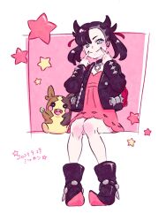 1girl asymmetrical_bangs black_choker black_hair black_jacket black_shoes blue_eyes catchmgck choker closed_mouth dated dress fingersmile gen_8_pokemon highres jacket long_sleeves looking_at_viewer marnie_(pokemon) morpeko morpeko_(full) nintendo open_clothes open_jacket pink_dress pokemon pokemon_(creature) pokemon_swsh shoes sitting star_(symbol) twintails