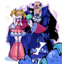 Rule 34 | 1girl, 2boys, :d, ^^^, alternate costume, armored boots, bare shoulders, blonde hair, boots, candy, character request, commentary request, dress, facial mark, food, gloves, green eyes, halloween roll, halloween sigma, happy, highres, holding, holding candy, holding food, holding lollipop, holding wand, horns, in-franchise crossover, koshianpancake, lollipop, long hair, magical girl, mechanical boots, mega man (character), mega man (classic), mega man (series), mega man x (series), mega man x dive, miniskirt, multiple boys, official alternate costume, open mouth, pink dress, pink ribbon, ribbon, roll (mega man), sidelocks, sigma (mega man), skirt, smile, sparkle, twintails, wand, white gloves, white ribbon