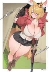 Rule 34 | 1girl, ^^^, absurdres, animal ear fluff, animal ears, ankle boots, belt, belt buckle, black belt, black gloves, black shorts, blonde hair, blush, boots, border, breasts, brown boots, buckle, cleavage, closed mouth, commentary, cropped jacket, crown, dutch angle, english commentary, fold-over boots, fox ears, fox girl, fox tail, full body, gloves, grass, gun, hair between eyes, highres, holding, holding gun, holding weapon, huge breasts, jacket, lever action, looking to the side, micro shorts, mini crown, navel, open clothes, open jacket, original, outside border, puffy short sleeves, puffy sleeves, purple eyes, red jacket, rifle, shiny skin, shirt, short hair, short sleeves, shorts, shotgun, sin (sintrybest), solo, standing, tail, turning head, twitter username, weapon, white border, white shirt