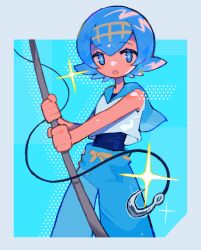 1girl :o blue_eyes blue_hair blue_pants blush blush_stickers bright_pupils commentary_request creatures_(company) fishing_rod game_freak hairband highres holding holding_fishing_rod hook lana_(pokemon) megane_ryu nintendo open_mouth pants pokemon pokemon_(creature) pokemon_sm shirt short_hair sleeveless sleeveless_shirt solo sparkle standing white_shirt yellow_hairband