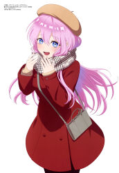 1girl absurdres aquastar_inc. bag beret blue_eyes brown_hat brown_scarf coat cowboy_shot enpera hat highres kawaii_dake_ja_nai_shikimori-san long_hair looking_at_viewer magazine_scan megami_magazine official_art pantyhose pink_hair plaid_clothes plaid_scarf red_coat scan scarf shikimori_miyako shoulder_bag solo steam_from_mouth white_background winter_clothes winter_coat