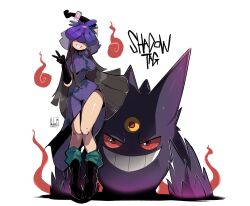 1girl absurdres black_gloves black_hair boots breasts dress dushiido elbow_gloves flower flower_on_head gen_1_pokemon gengar gloves grin highres long_hair looking_at_viewer mega_gengar mega_pokemon nintendo orchid pokemon pokemon_(creature) purple_dress smile solo touhou v very_long_hair white_background yomotsu_hisami