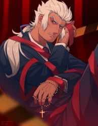 Rule 34 | 1boy, aquiline nose, artist name, blue eyes, blue ribbon, catovyen, classicaloid, collared shirt, commentary, english commentary, facial hair, glint, goatee stubble, grey hair, highres, johann sebastian bach (classicaloid), male focus, mature male, mustache stubble, necktie, nose, red ribbon, ribbon, rosary, shirt, sitting, solo, stubble, tan, v-shaped eyebrows, white shirt