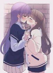 Rule 34 | 2girls, absurdres, blue shorts, blue sweater, border, breasts, brick wall, brown background, brown hair, closed eyes, closed mouth, collared shirt, commentary request, french kiss, fujishima megumi, green eyes, hair down, hair intakes, half-closed eyes, hand on another&#039;s back, hand on another&#039;s waist, heart, highres, hiyori (20hiyori727), holding hands, hood, hood down, hoodie, jacket, kiss, large breasts, layered sleeves, letterman jacket, link! like! love live!, long hair, long sleeves, love live!, miniskirt, multiple girls, official alternate costume, open clothes, open jacket, otomune kozue, outside border, pink jacket, pleated skirt, ponytail, purple hair, shirt, short-sleeved sweater, short over long sleeves, short shorts, short sleeves, shorts, sidelocks, skirt, sweater, tongue, tongue out, two side up, unworn headwear, upper body, virtual youtuber, white border, white hoodie, white shirt, white skirt, yellow jacket, yuri