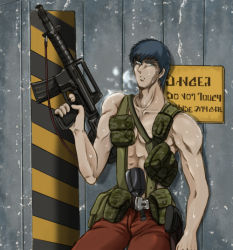 artist_request assault_rifle blue_hair chirico_cuvie gun holding holding_gun holding_weapon male_focus pouch rifle solo soukou_kihei_votoms topless_male weapon
