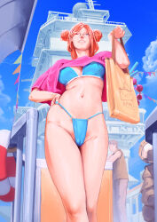 1boy 1girl absurdres bag bikini blue_bikini blue_nails breasts brown-framed_eyewear cloud day double_bun grin hair_bun hand_on_own_hip highleg highleg_bikini highres holding holding_bag lifebuoy medium_breasts nail_polish navel one_eye_closed orange_hair original ship shrug_(clothing) smile solo_focus standing stomach swim_ring swimsuit watercraft zuoteng_lucha