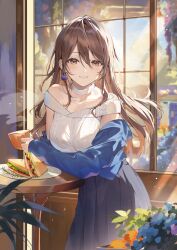1girl black_skirt blue_jacket brown_eyes brown_hair collarbone commentary_request cup day earrings flower grin hair_between_eyes highres holding holding_cup jacket jewelry leaf long_hair long_sleeves looking_at_viewer necomi original plate sandwiched sidelocks skirt smile standing steam sweater table teeth white_sweater window