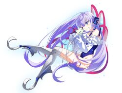 1girl agata720 bare_shoulders blue_choker blue_eyes blue_one-piece_swimsuit blue_ribbon choker closed_mouth commentary con_(fate) creature fate/grand_order fate_(series) frilled_one-piece_swimsuit frills full_body hair_between_eyes hair_ribbon highleg highleg_one-piece_swimsuit highres holding holding_creature long_hair long_sleeves looking_at_creature meltryllis meltryllis_(fate) meltryllis_(swimsuit_lancer)_(fate) meltryllis_(swimsuit_lancer)_(second_ascension)_(fate) off-shoulder_one-piece_swimsuit off_shoulder one-piece_swimsuit one_eye_closed prosthesis prosthetic_leg purple_hair red_ribbon ribbon simple_background sleeves_past_fingers sleeves_past_wrists smile solo swimsuit symbol-only_commentary white_background white_sleeves