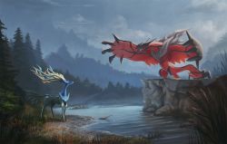 10s antlers blue_eyes claws creatures_(company) dekus epic forest game_freak gen_6_pokemon highres horns lake legendary_pokemon monster nature nintendo no_humans painting_(action) pokemon pokemon_(creature) pokemon_xy sky water wings xerneas yveltal