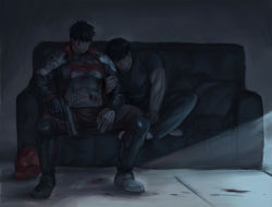 2boys batman_(series) black_gloves black_hair black_jacket black_pants black_shirt blood blood_on_clothes blood_on_face brothers closed_mouth dc_comics dick_grayson closed_eyes gloves gun highres holding holding_gun holding_weapon indian_style injury jacket jason_todd knee_pads large_pectorals looking_at_another male_focus multiple_boys muscular muscular_male open_clothes open_jacket pants pectorals shirt short_hair siblings single_glove sitting sleeping sleeping_on_person smileaotic1 weapon