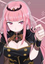Rule 34 | 1girl, absurdres, armlet, black cape, black dress, black nails, black tiara, blunt bangs, bracer, breasts, cape, cleavage, commentary, detached sleeves, dress, gold trim, highres, hololive, hololive english, jewelry, large breasts, long hair, looking at viewer, mori calliope, mori calliope (1st costume), mouth hold, pink eyes, pink hair, shoulder spikes, single sleeve, sirowani 22, solo, spiked cape, spikes, tiara, upper body, veil, virtual youtuber