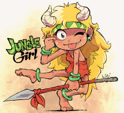 :p barefoot dress earrings fang feet genderswap genderswap_(mtf) headband holding holding_spear holding_weapon horns jewelry jungle_kurobee kiichi kurobee_(jungle_kurobee) long_hair looking_at_viewer messy_hair one_eye_closed polearm smile spear tiptoes toes tongue tongue_out tribal weapon
