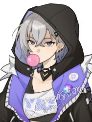 1girl black_choker black_jacket blowing_bubbles choker commission grey_eyes grey_hair hair_ornament hairclip highres honkai:_star_rail honkai_(series) hood hooded_jacket jacket shirt silver_wolf_(honkai:_star_rail) solo upper_body vi_(seorivi) watermark white_shirt
