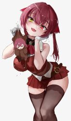 Rule 34 | 1girl, a3 mong, absurdres, animal costume, bare shoulders, bear costume, black thighhighs, chibi, cowboy shot, cropped jacket, grey background, heterochromia, highres, holding, holding mini person, hololive, houshou kumarine, houshou marine, houshou marine (1st costume), jacket, long hair, mini person, miniskirt, pleated skirt, red eyes, red hair, red jacket, red skirt, simple background, skirt, sleeveless, sleeveless jacket, solo focus, thighhighs, twintails, virtual youtuber, yellow eyes