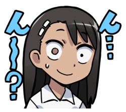 1girl 774_(nanashi) black_hair brown_eyes collared_shirt ijiranaide_nagatoro-san long_hair looking_at_viewer lowres nagatoro_hayase shirt simple_background solo surprised tan upper_body white_background white_shirt wide-eyed