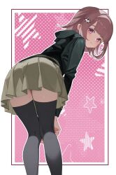 1girl black_jacket black_thighhighs brown_hair brown_skirt danganronpa_(series) danganronpa_2:_goodbye_despair feet_out_of_frame flipped_hair galaga hair_ornament highres jacket leaning_forward long_sleeves medium_hair miniskirt nanami_chiaki pink_background pink_eyes pleated_skirt sa_bu_ibo skirt solo star_(symbol) thighhighs white_background