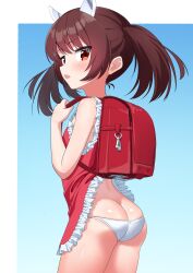 1girl absurdres ass backpack bag blue_background blush border brown_hair commentary_request gradient_background highres loli looking_at_viewer looking_back lowleg maretto median_furrow open_mouth outside_border randoseru red_bag solo standing touhoku_kiritan twintails voiceroid white_border