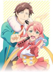 1boy 1girl arm_up blue_jacket blush brown_eyes brown_hair closed_mouth disgust dress gloves green_eyes hand_up idol idol_clothes jacket kami_kuzu_idol long_hair mogami_asahi multicolored_dress niyodo_yuuya open_mouth pink_dress pink_gloves pink_hair shirt smile very_long_hair white_dress white_shirt yellow_dress