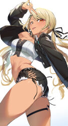 1girl :p blonde_hair breasts crop_top cropped_jacket cross-laced_clothes dark-skinned_female dark_skin earrings hair_ornament hair_ribbon hairclip highres jacket jewelry kaminari_qpi kaminari_qpi_(3rd_costume) looking_at_viewer looking_back medium_breasts midriff navel red_eyes ribbon sanuki_(kyoudashya) short_shorts shorts simple_background skindentation solo thigh_strap thighs tongue tongue_out twisted_torso v virtual_youtuber vspo! white_background