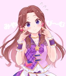 1girl aikatsu! aikatsu!_(series) blue_eyes blush bow bowtie brown_hair check_(check_book) commentary_request female_focus flower frills fujiwara_miyabi_(aikatsu!) hair_flower hair_ornament jewelry long_hair looking_at_viewer necklace no_bangs pink_background plaid_bow plaid_bowtie plaid_clothes plaid_neckwear pointing pointing_at_self purple_bow purple_bowtie shirt skirt sleeveless sleeveless_shirt smile solo star_(symbol) upper_body wrist_cuffs