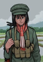 1girl ammunition_pouch black_hair brown_eyes cambodia closed_mouth cloud cloudy_sky expressionless grass green_hat green_jacket green_pants gun_sling hair_between_eyes hat jacket kalashnikov_rifle khmer_rouge looking_at_viewer mardjan original outdoors pants pouch red_scarf rice_paddy scarf short_hair sky solo upper_body
