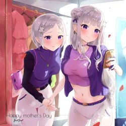 2girls absurdres artist_name blunt_bangs breasts choker contemporary elf emilia_(re:zero) english_text fortuna_(re:zero) highres justjast medium_breasts midriff mother&#039;s_day mother_and_daughter multiple_girls narrow_waist pants parted_bangs pointy_ears purple_eyes re:zero_kara_hajimeru_isekai_seikatsu selfie short_hair sidelocks small_breasts thigh_gap upper_body white_hair white_pants