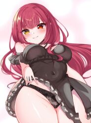 1girl absurdres bare_shoulders black_panties blush breasts choker commentary_request covered_erect_nipples from_below gradient_background heterochromia highres hololive houshou_marine large_breasts long_hair looking_at_viewer panties red_eyes red_hair see-through_clothes sen_chan_(akane1023) smile solo sweat thighs underwear yellow_eyes