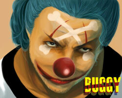 1boy beard_stubble black_eyes blue_hair buggy_the_clown character_name closed_mouth clown_nose commentary_request facepaint facial_hair k0haloid male_focus official_alternate_costume one_piece ponytail prison_clothes red_nose simple_background solo stubble