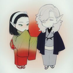 1boy 1girl baldur&#039;s_gate baldur&#039;s_gate_3 black_hair cazador_szarr chibi dungeons_&amp;_dragons dungeons_&amp;_dragons earrings full_body genderswap genderswap_(mtf) gradient_clothes gradient_kimono green_eyes green_kimono grey_kimono hairband haori highres ichijo_(cyxxx123) japanese_clothes jewelry kimono medium_hair red_kimono vellioth white_hair