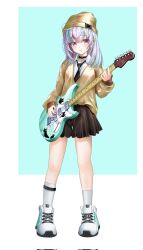 1girl :o admi_(nikke) bbshrimp beanie black_necktie black_shorts blush cardigan collar collared_shirt electric_guitar full_body goddess_of_victory:_nikke gold_hat green_hair grey_hair guitar hat highres instrument long_sleeves multicolored_hair music necktie playing_guitar playing_instrument pleated_shorts purple_eyes shirt shoes short_shorts shorts sneakers socks solo standing streaked_hair white_background white_shirt white_socks yellow_cardigan