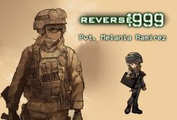 1girl absurdres alternate_costume ammunition_pouch bag brown_background brown_gloves brown_jacket brown_pants brown_theme call_of_duty call_of_duty:_modern_warfare_2 camouflage camouflage_headwear camouflage_jacket camouflage_pants chibi combat_helmet commentary desert_camouflage digital_camouflage english_commentary expressionless glasses gloves helmet highres holding holding_weapon jacket m1saki_1 melania_(reverse:1999) military_combat_uniform military_uniform pants pouch reverse:1999 shoulder_bag sidelocks standing weapon